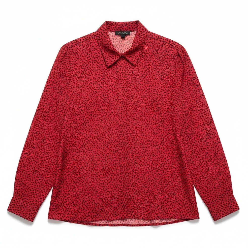 Notation Red Black Polka Dot Button Down Blouse, Woman's Size 10, Long Sleeve